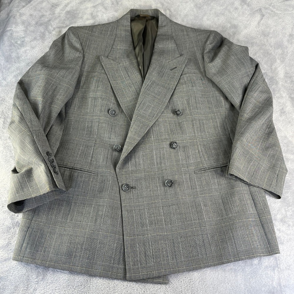 Vintage 80s Nino Cerruti 42R Blazer Double Breasted Gray Plaid USA Old Money